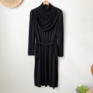 Retro 80s Sally III black swag front belted dress slinky‎ disco secretary goth M